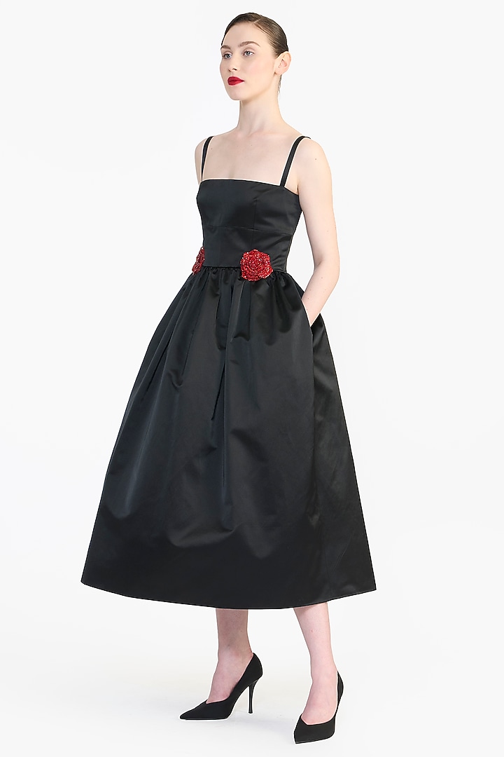 Black Duchess Satin Rose Floral Printed Midi Party Wear Dress by Gauri and Nainika at Pernia's Pop Up Shop