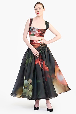 Black Organza Printed Draped Midi Skirt by Gauri and Nainika