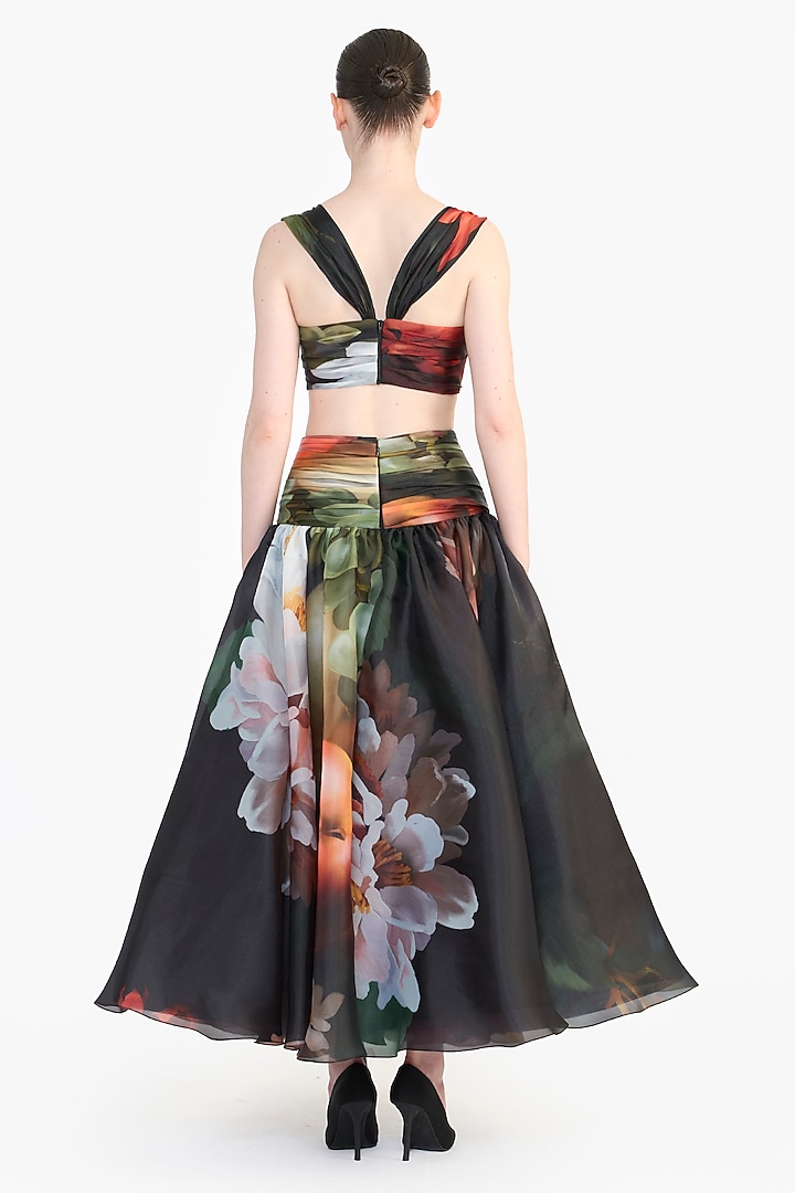 Black Organza Printed Draped Midi Skirt by Gauri and Nainika at Pernia's Pop Up Shop