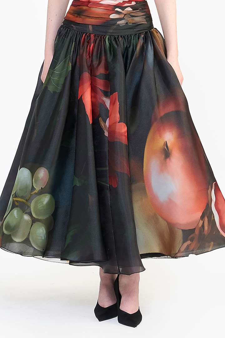 Black Organza Printed Draped Midi Skirt by Gauri and Nainika at Pernia's Pop Up Shop