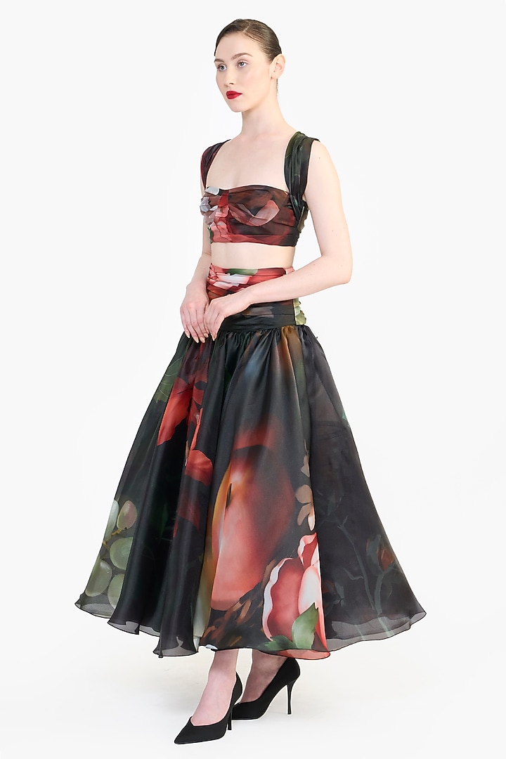 Black Organza Printed Draped Midi Skirt by Gauri and Nainika at Pernia's Pop Up Shop