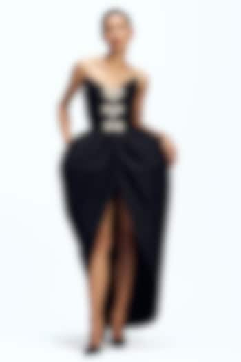 Black Silk Taffeta Sculpted Strapless Party Wear Dress by Gauri And Nainika at Pernia's Pop Up Shop