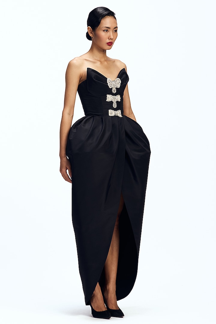 Black Silk Taffeta Sculpted Strapless Party Wear Dress by Gauri And Nainika at Pernia's Pop Up Shop