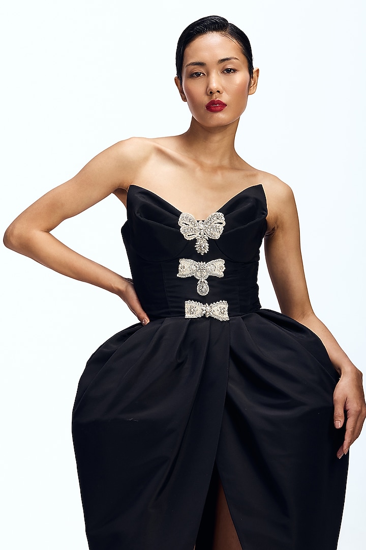 Black Silk Taffeta Sculpted Strapless Party Wear Dress by Gauri And Nainika at Pernia's Pop Up Shop