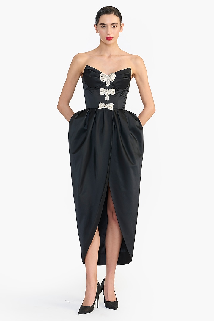 Black Duchess Satin Sculpted Strapless Party Wear Dress by Gauri And Nainika at Pernia's Pop Up Shop