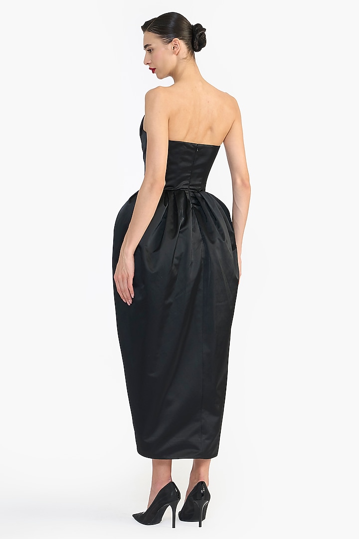 Black Duchess Satin Sculpted Strapless Party Wear Dress by Gauri And Nainika at Pernia's Pop Up Shop