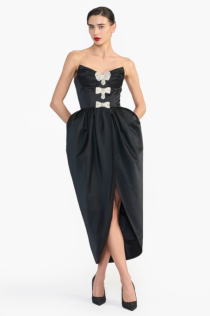 Black Duchess Satin Sculpted Strapless Party Wear Dress by Gauri And Nainika at Pernia's Pop Up Shop