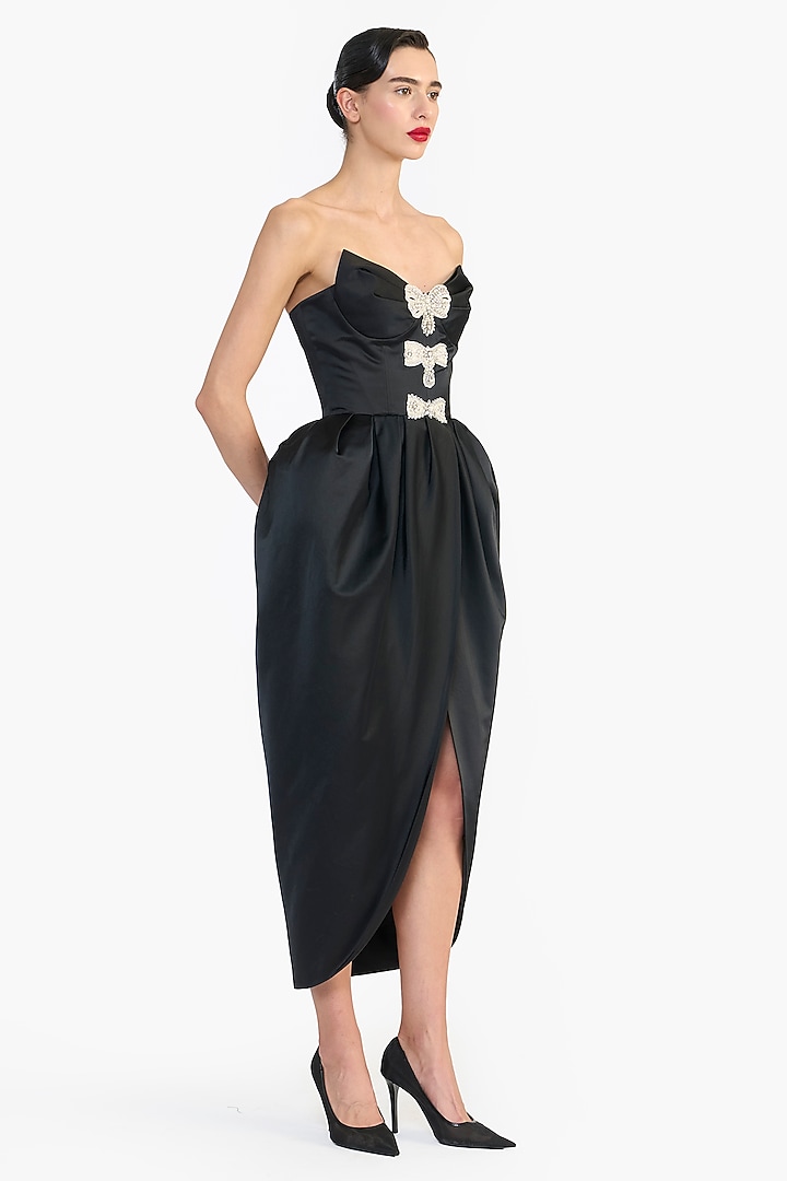 Black Duchess Satin Sculpted Strapless Party Wear Dress by Gauri And Nainika at Pernia's Pop Up Shop