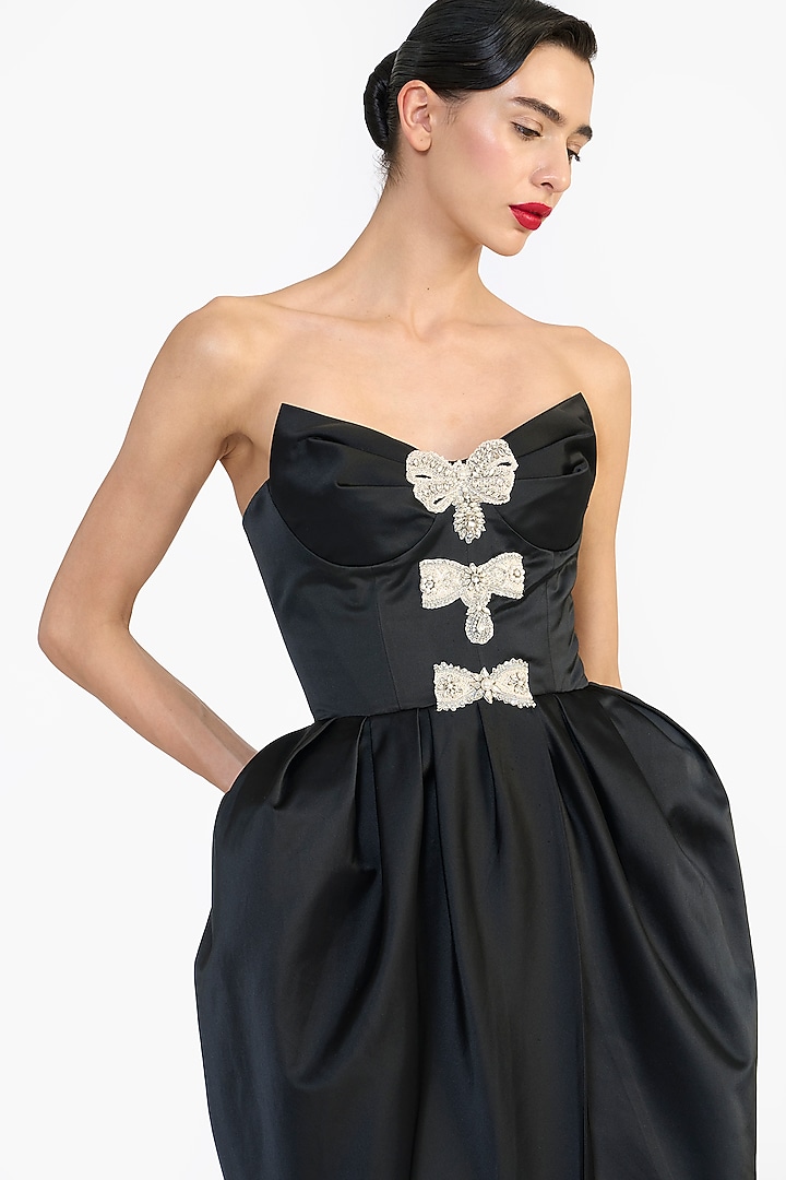 Black Duchess Satin Sculpted Strapless Party Wear Dress by Gauri And Nainika at Pernia's Pop Up Shop