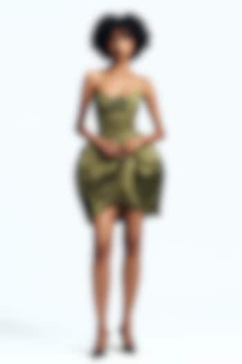 Avocado Duchess Satin Sculpted Strapless Party Wear Dress by Gauri And Nainika at Pernia's Pop Up Shop