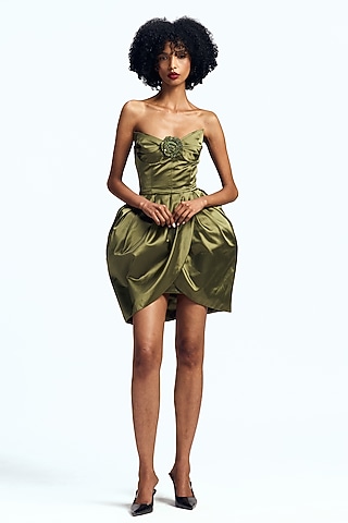 Avocado Duchess Satin Sculpted Strapless Dress by Gauri And Nainika