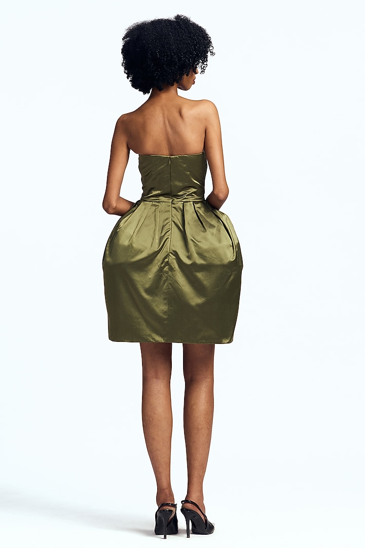 Avocado Duchess Satin Sculpted Strapless Party Wear Dress by Gauri And Nainika at Pernia's Pop Up Shop