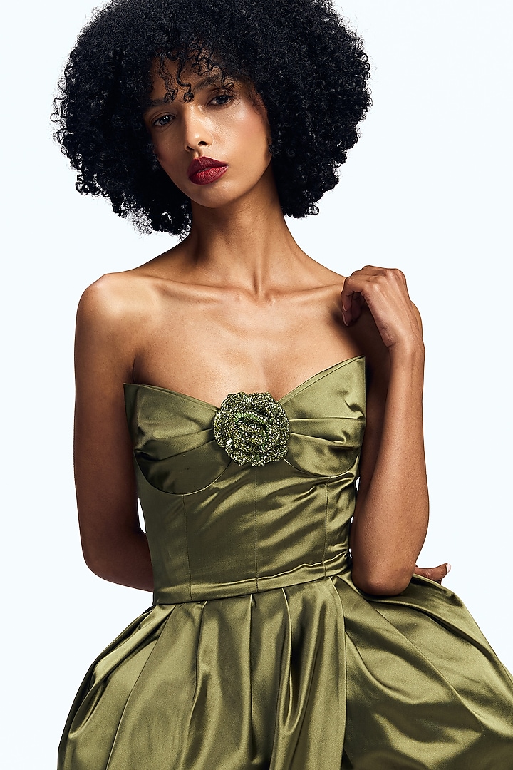 Avocado Duchess Satin Sculpted Strapless Party Wear Dress by Gauri And Nainika at Pernia's Pop Up Shop