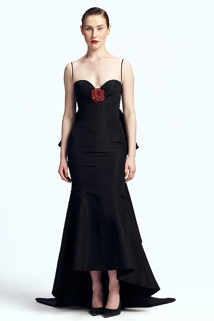 Black Silk Faille Trail Bridal Gown by Gauri And Nainika at Pernia's Pop Up Shop