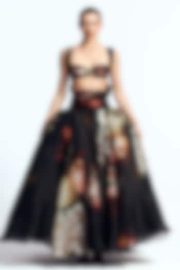 Black Pure Satin Organza Printed Skirt Set by Gauri And Nainika at Pernia's Pop Up Shop
