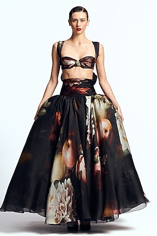 Black Pure Satin Organza Printed Skirt Set by Gauri And Nainika
