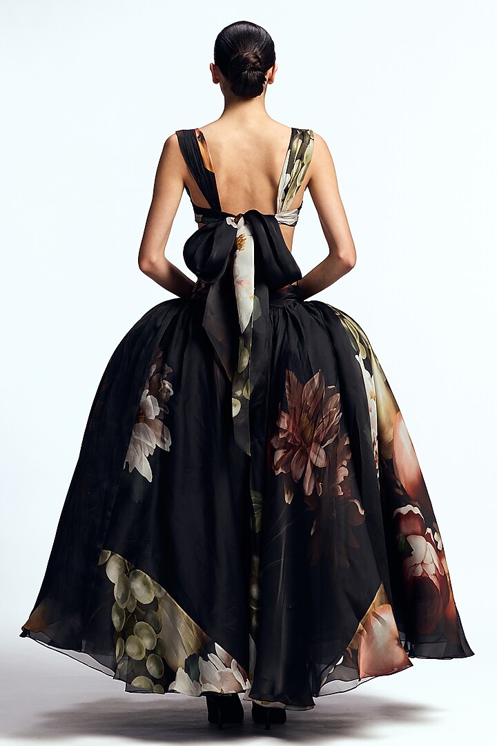 Black Pure Satin Organza Printed Skirt Set by Gauri And Nainika at Pernia's Pop Up Shop