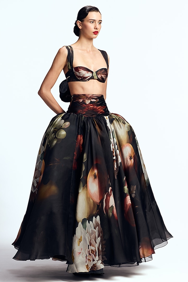 Black Pure Satin Organza Printed Skirt Set by Gauri And Nainika at Pernia's Pop Up Shop