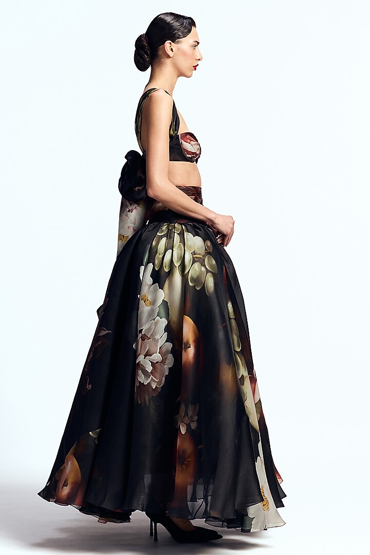 Black Pure Satin Organza Printed Skirt Set by Gauri And Nainika at Pernia's Pop Up Shop