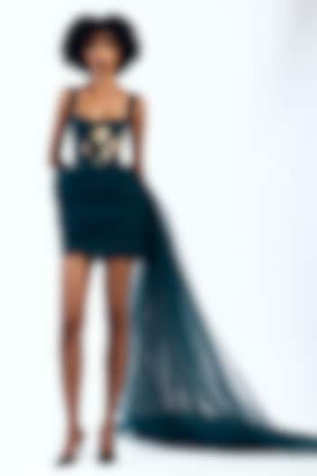 Teal Tulle Thread Embroidered Corset Mini Party Wear Dress by Gauri And Nainika at Pernia's Pop Up Shop