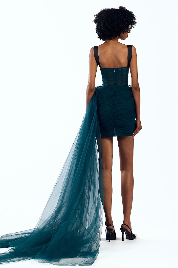 Teal Tulle Thread Embroidered Corset Mini Party Wear Dress by Gauri And Nainika at Pernia's Pop Up Shop