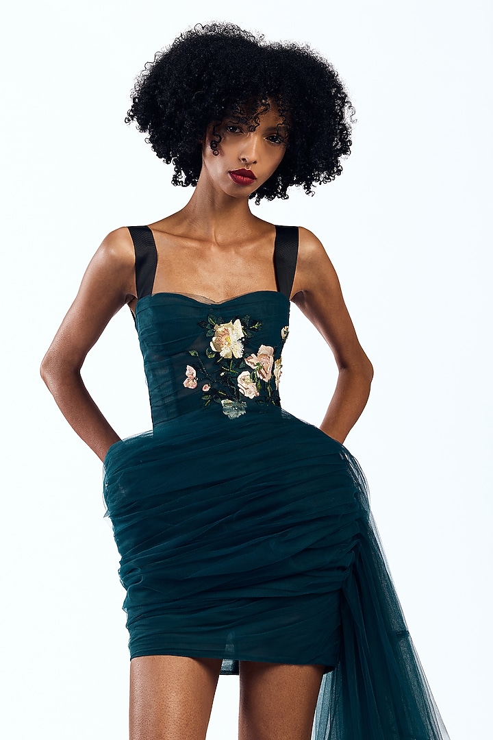 Teal Tulle Thread Embroidered Corset Mini Party Wear Dress by Gauri And Nainika at Pernia's Pop Up Shop