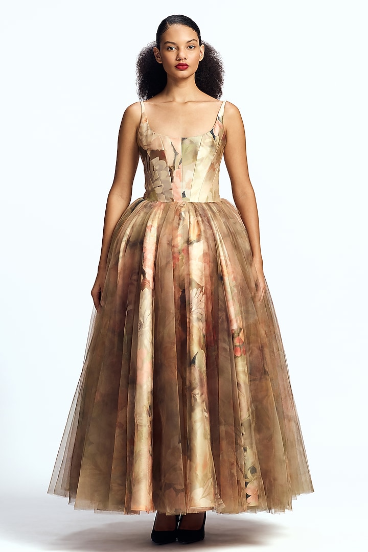 Faded Victorian Mikado Corseted Midi Party Wear Dress by Gauri And Nainika at Pernia's Pop Up Shop