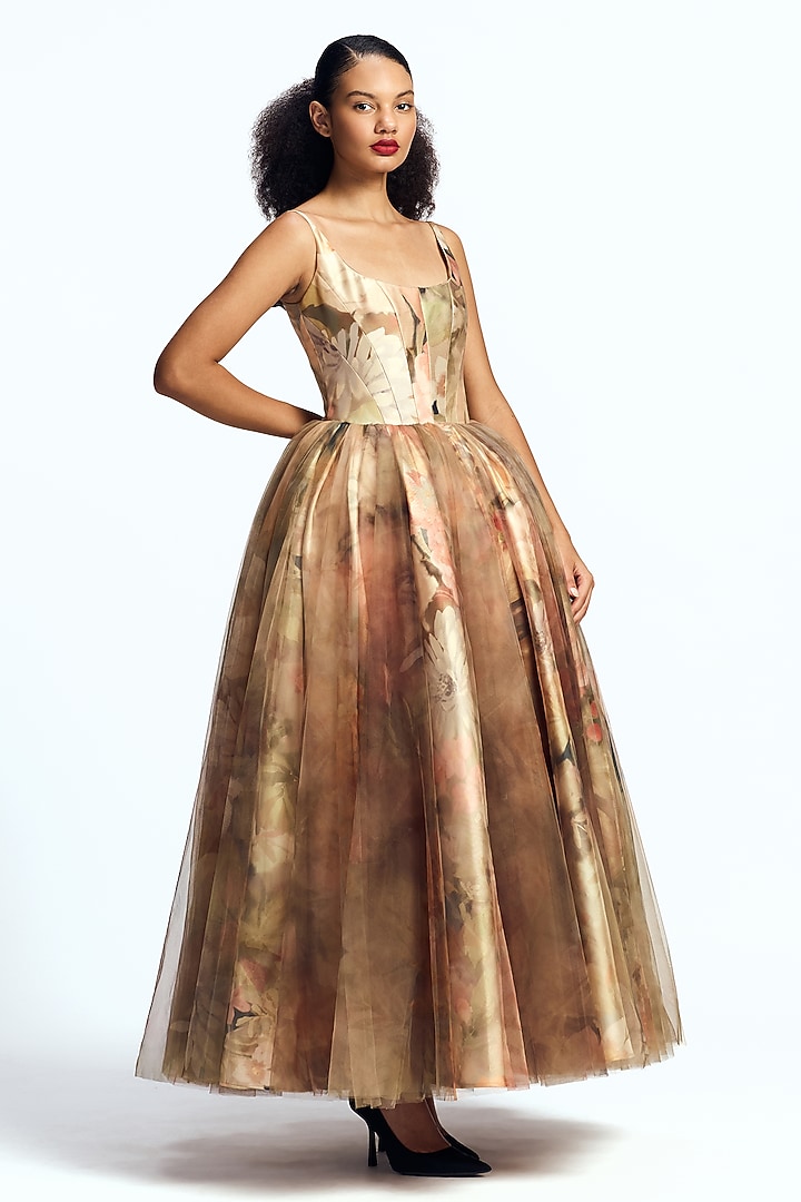 Faded Victorian Mikado Corseted Midi Party Wear Dress by Gauri And Nainika at Pernia's Pop Up Shop