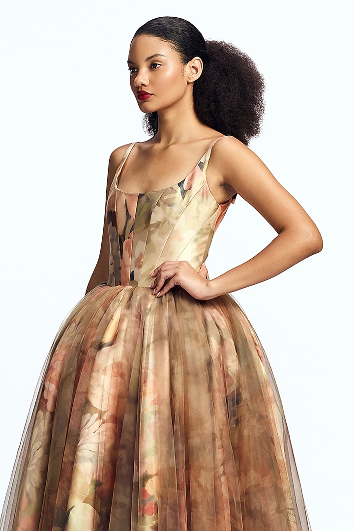 Faded Victorian Mikado Corseted Midi Party Wear Dress by Gauri And Nainika at Pernia's Pop Up Shop