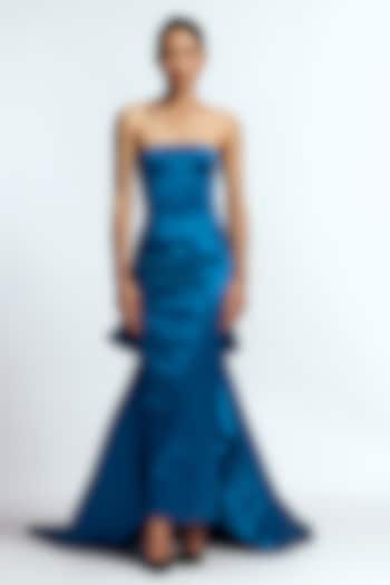 Peacock Blue Duchess Satin Draped Wedding Gown by Gauri And Nainika at Pernia's Pop Up Shop