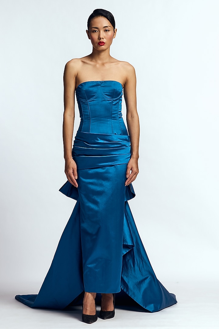Peacock Blue Duchess Satin Draped Wedding Gown by Gauri And Nainika at Pernia's Pop Up Shop