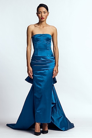 Peacock Blue Duchess Satin Draped Gown by Gauri And Nainika