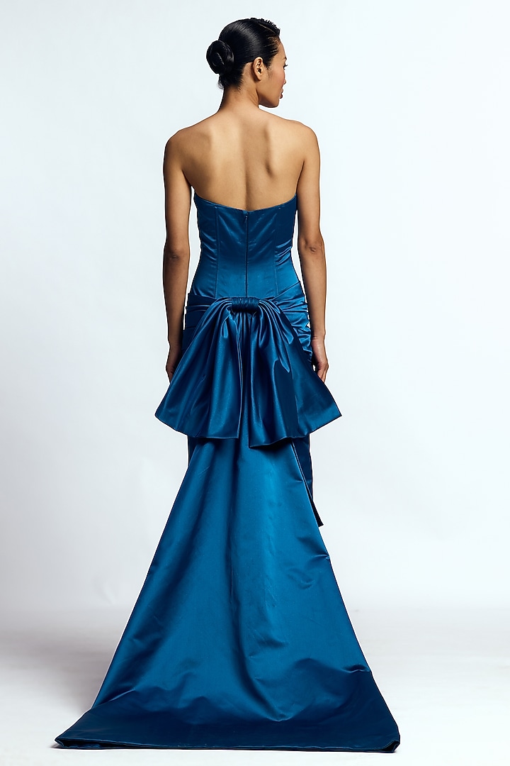 Peacock Blue Duchess Satin Draped Wedding Gown by Gauri And Nainika at Pernia's Pop Up Shop