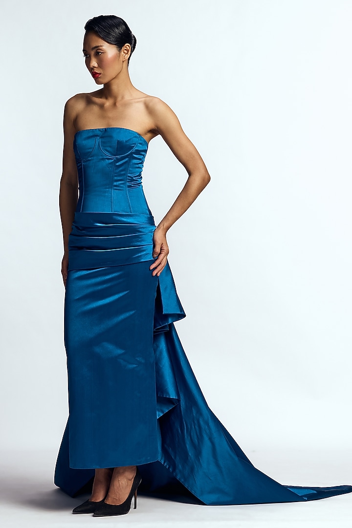 Peacock Blue Duchess Satin Draped Wedding Gown by Gauri And Nainika at Pernia's Pop Up Shop