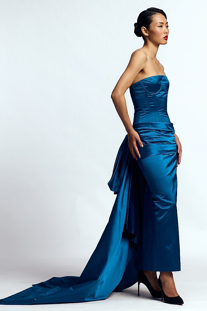 Peacock Blue Duchess Satin Draped Wedding Gown by Gauri And Nainika at Pernia's Pop Up Shop