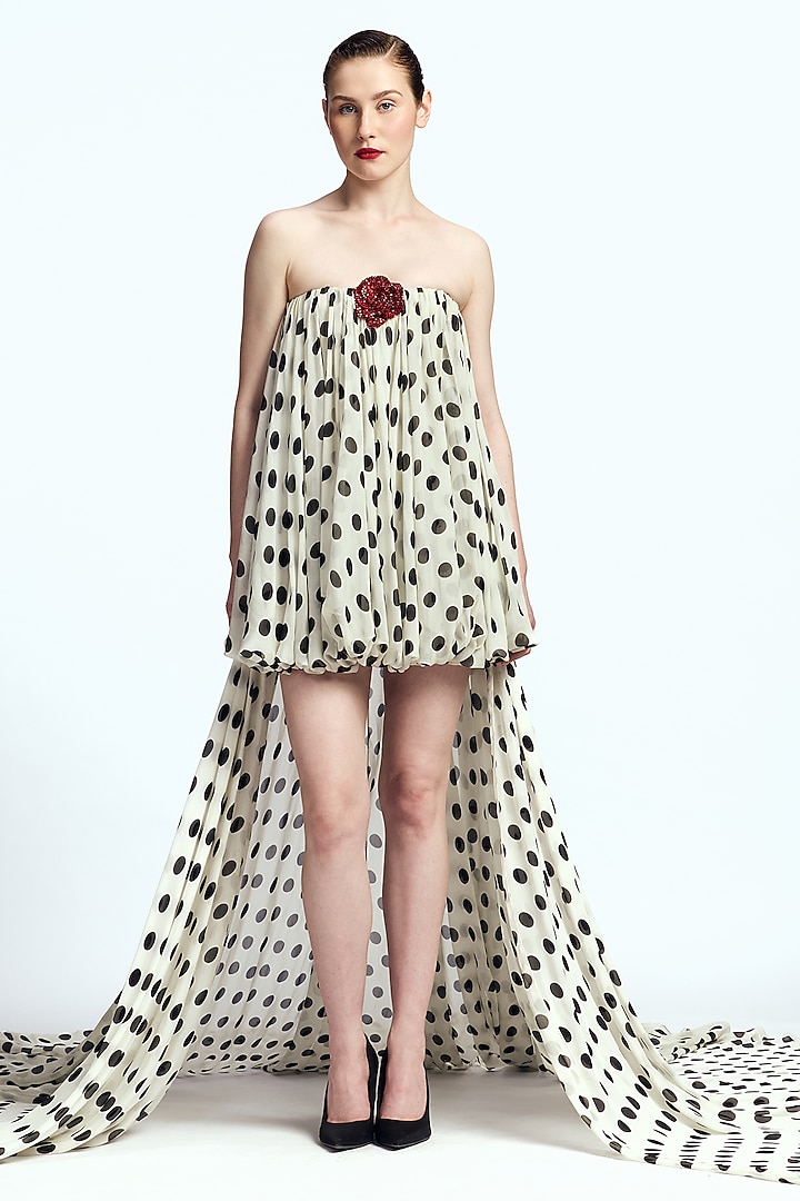 Ivory Chiffon Polka Dot Printed Balloon Mini Party Wear Dress by Gauri And Nainika at Pernia's Pop Up Shop