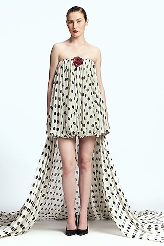 Ivory Chiffon Polka Dot Printed Balloon Mini Dress by Gauri And Nainika