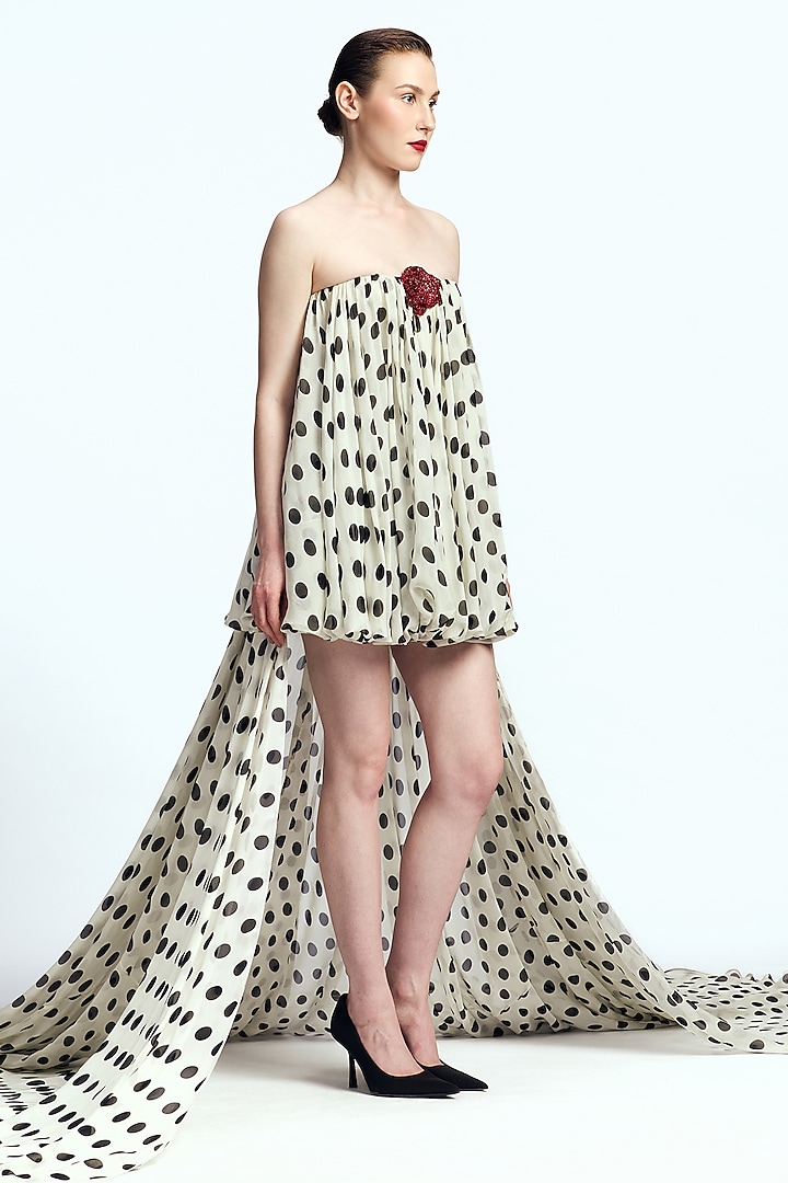 Ivory Chiffon Polka Dot Printed Balloon Mini Party Wear Dress by Gauri And Nainika at Pernia's Pop Up Shop