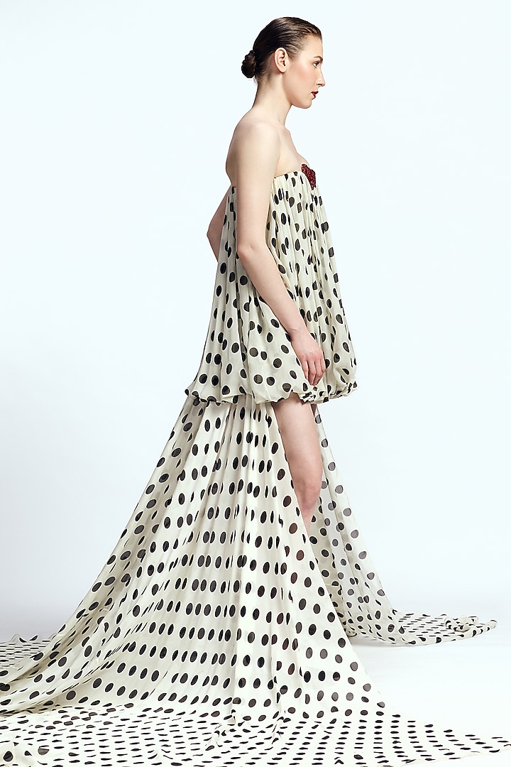 Ivory Chiffon Polka Dot Printed Balloon Mini Party Wear Dress by Gauri And Nainika at Pernia's Pop Up Shop