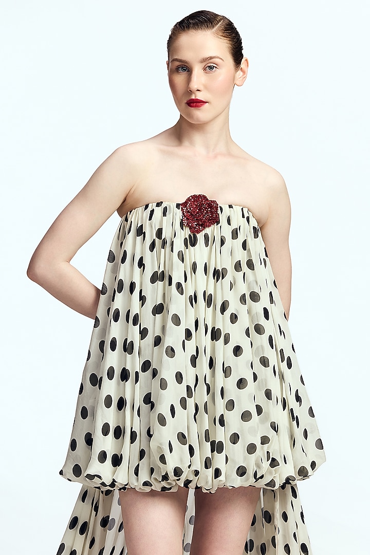 Ivory Chiffon Polka Dot Printed Balloon Mini Party Wear Dress by Gauri And Nainika at Pernia's Pop Up Shop