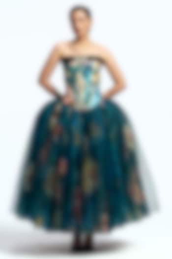 Blue Mikado Corseted Party Wear Dress by Gauri And Nainika at Pernia's Pop Up Shop