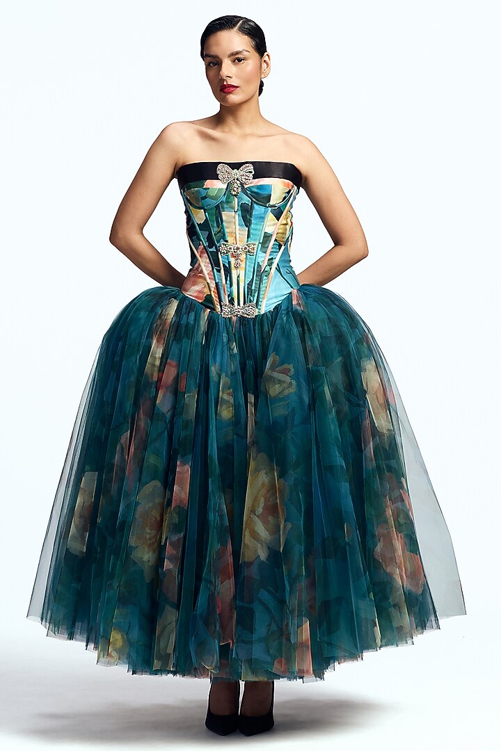 Blue Mikado Corseted Party Wear Dress by Gauri And Nainika at Pernia's Pop Up Shop
