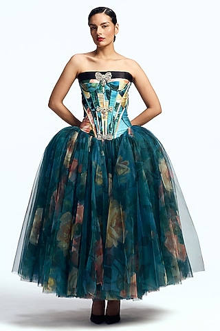Blue Mikado Corseted Dress by Gauri And Nainika
