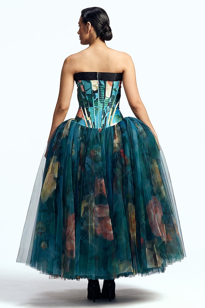 Blue Mikado Corseted Party Wear Dress by Gauri And Nainika at Pernia's Pop Up Shop