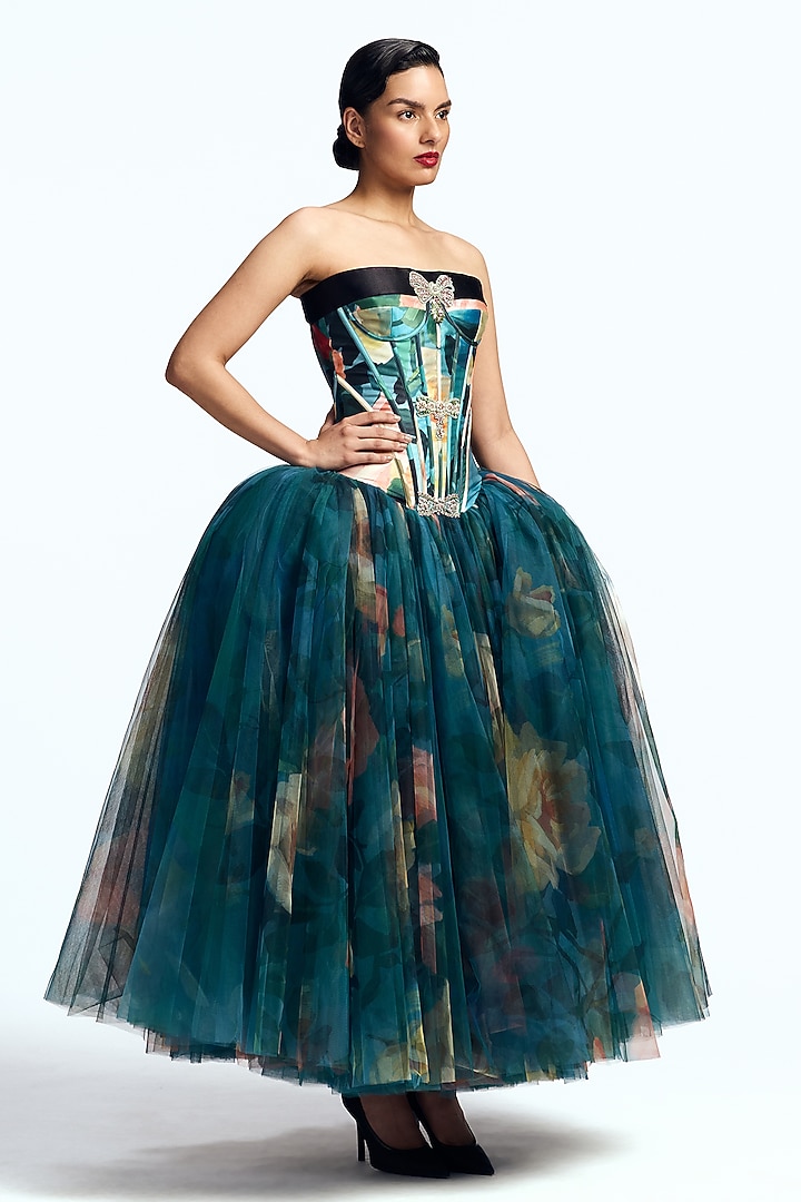 Blue Mikado Corseted Party Wear Dress by Gauri And Nainika at Pernia's Pop Up Shop