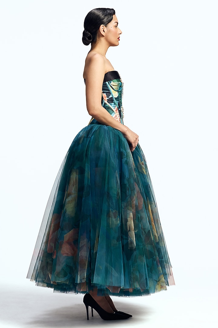 Blue Mikado Corseted Party Wear Dress by Gauri And Nainika at Pernia's Pop Up Shop