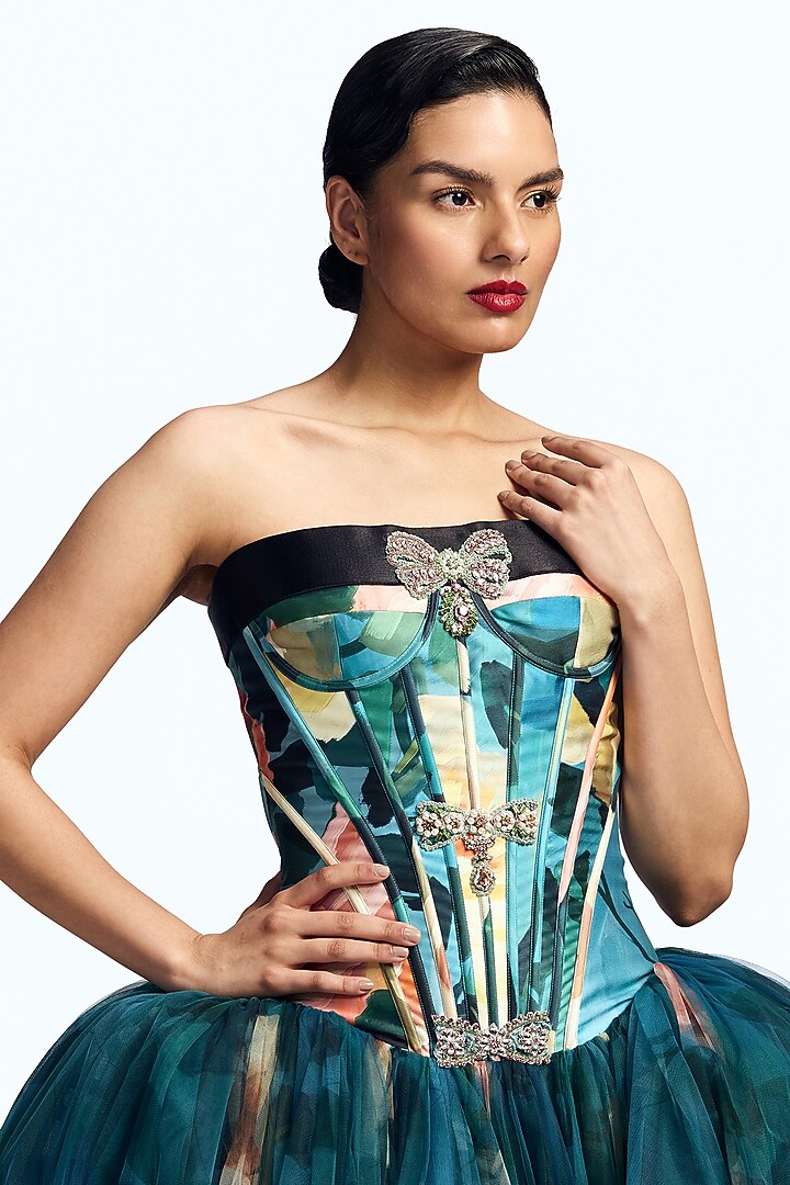 Blue Mikado Corseted Party Wear Dress by Gauri And Nainika at Pernia's Pop Up Shop