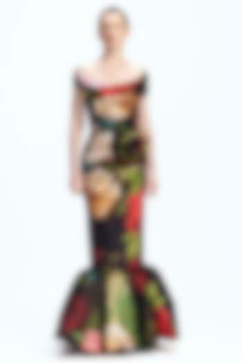 Multi-Colored Mikado Floral Printed Off-Shoulder Wedding Gown by Gauri And Nainika at Pernia's Pop Up Shop