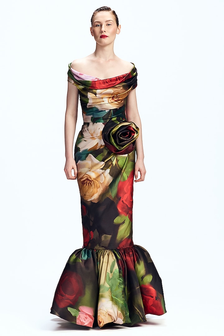 Multi-Colored Mikado Floral Printed Off-Shoulder Wedding Gown by Gauri And Nainika at Pernia's Pop Up Shop