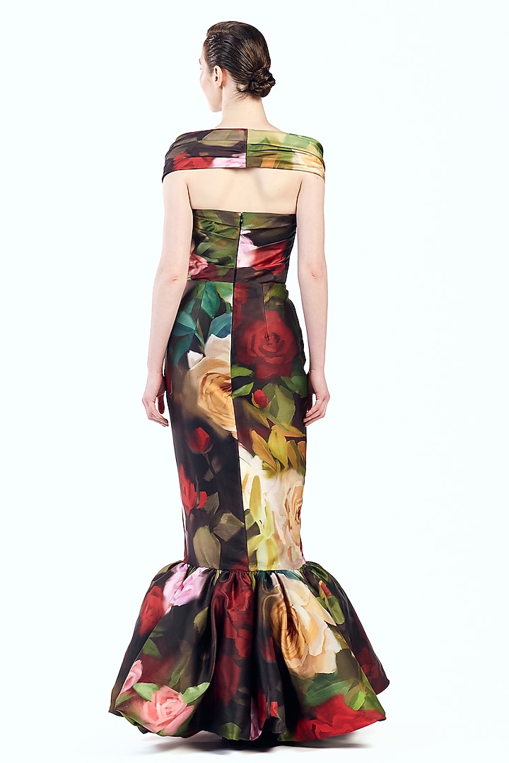 Multi-Colored Mikado Floral Printed Off-Shoulder Wedding Gown by Gauri And Nainika at Pernia's Pop Up Shop